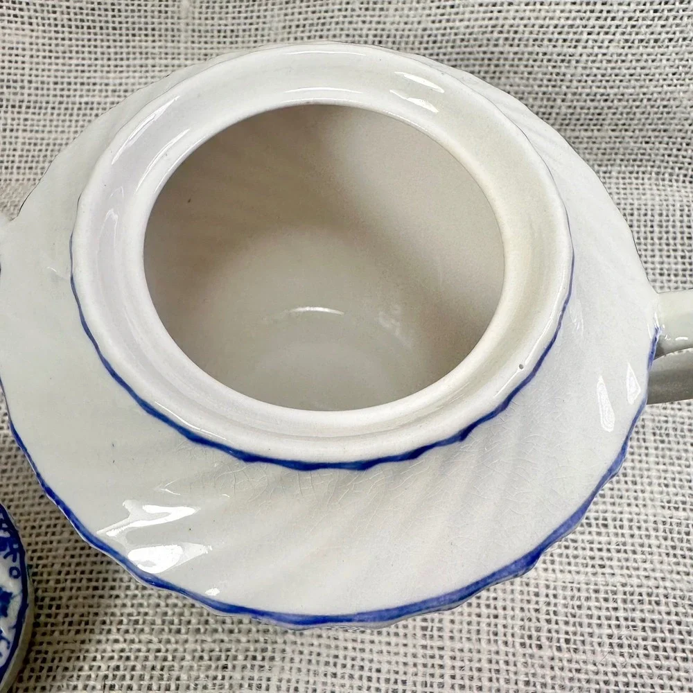 English Anchor Blue White Transferware Covered‎ Sugar Bowl England